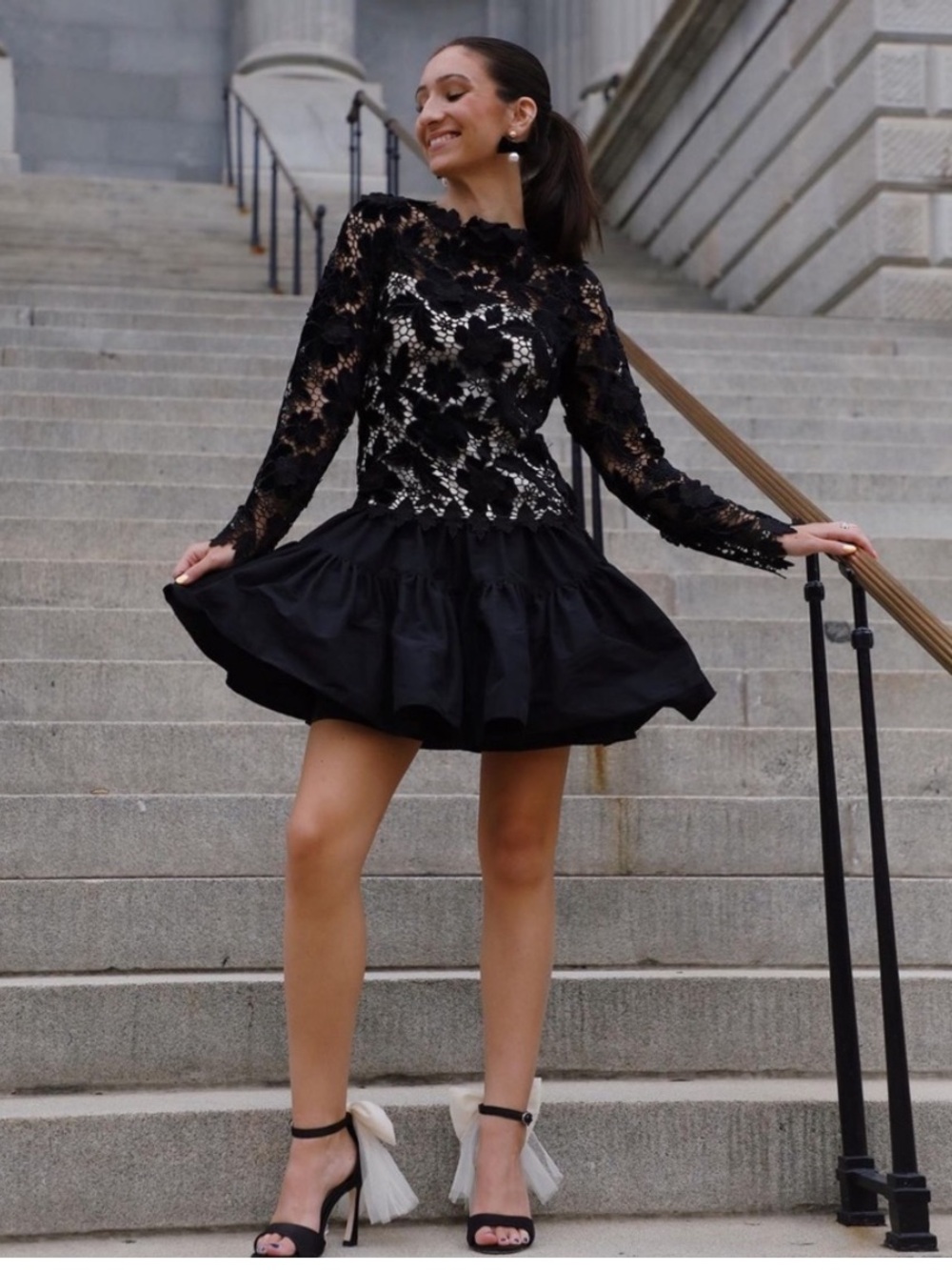 ANTONIO MELANI Black Lace Mini Dress with Tiered Skirt